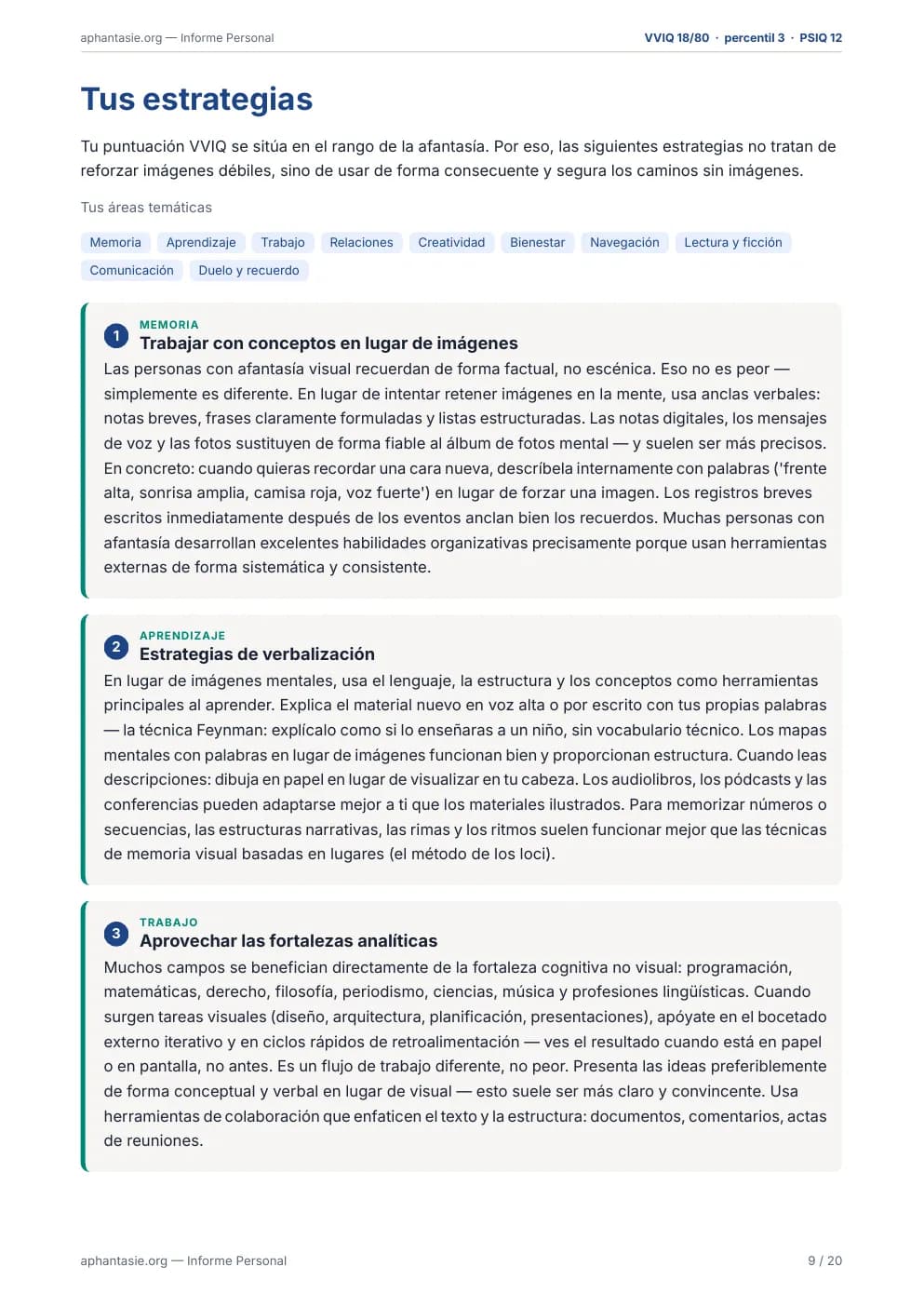 Página del informe: estrategias personales para el día a día por áreas temáticas