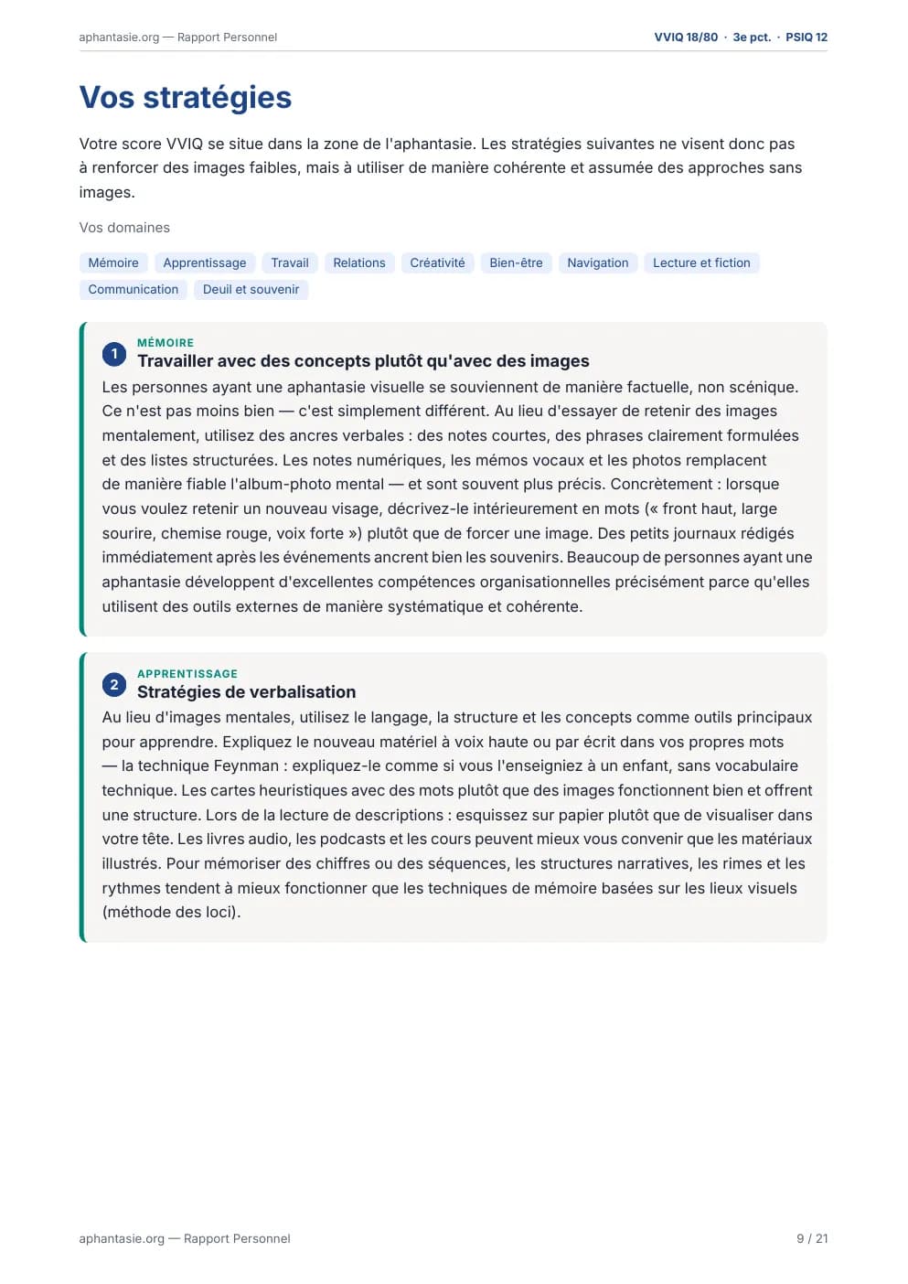 Page du rapport : stratégies personnelles pour le quotidien, par domaine