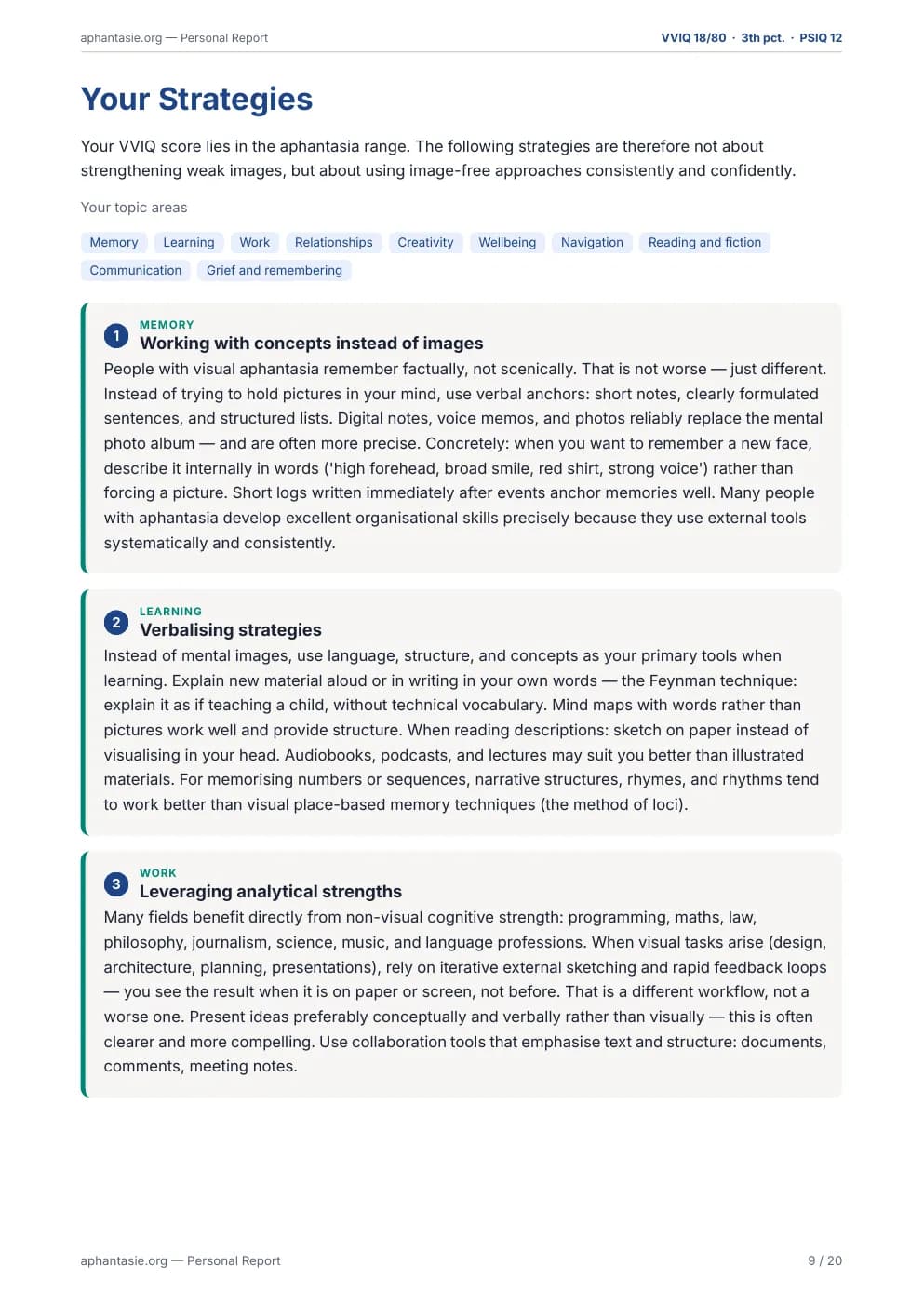 Report page: personal everyday strategies with topic areas