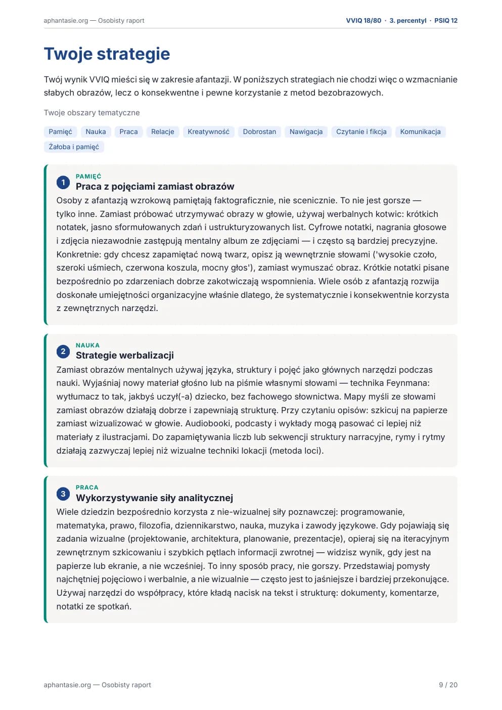 Strona raportu: osobiste strategie na co dzień według obszarów tematycznych